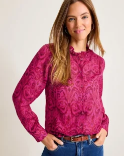 Seaside Ikat Long-Sleeve Ruffle-Neck Top