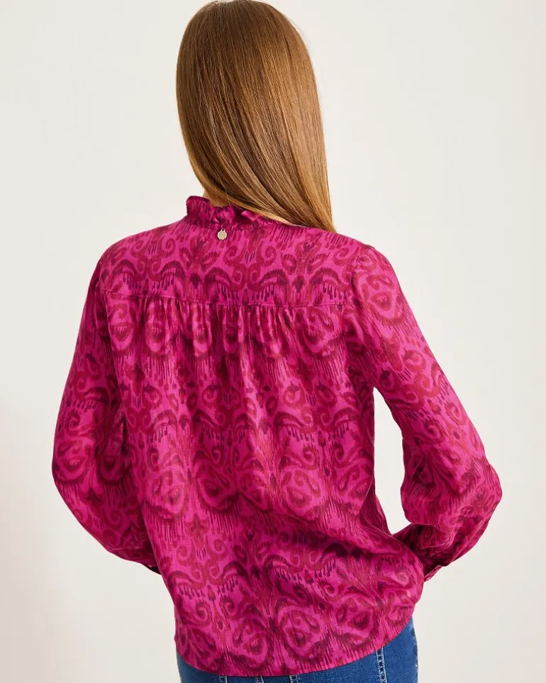 Seaside Ikat Long-Sleeve Ruffle-Neck Top