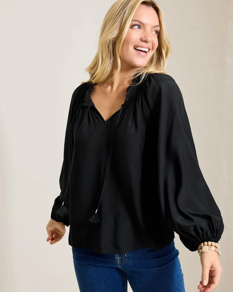 Silky Seas Smocked Peasant Top